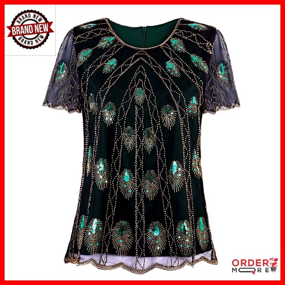 Vintage Beaded Sequin Tunic Blouse Scalloped Hem Evening Top Sizes S-XL